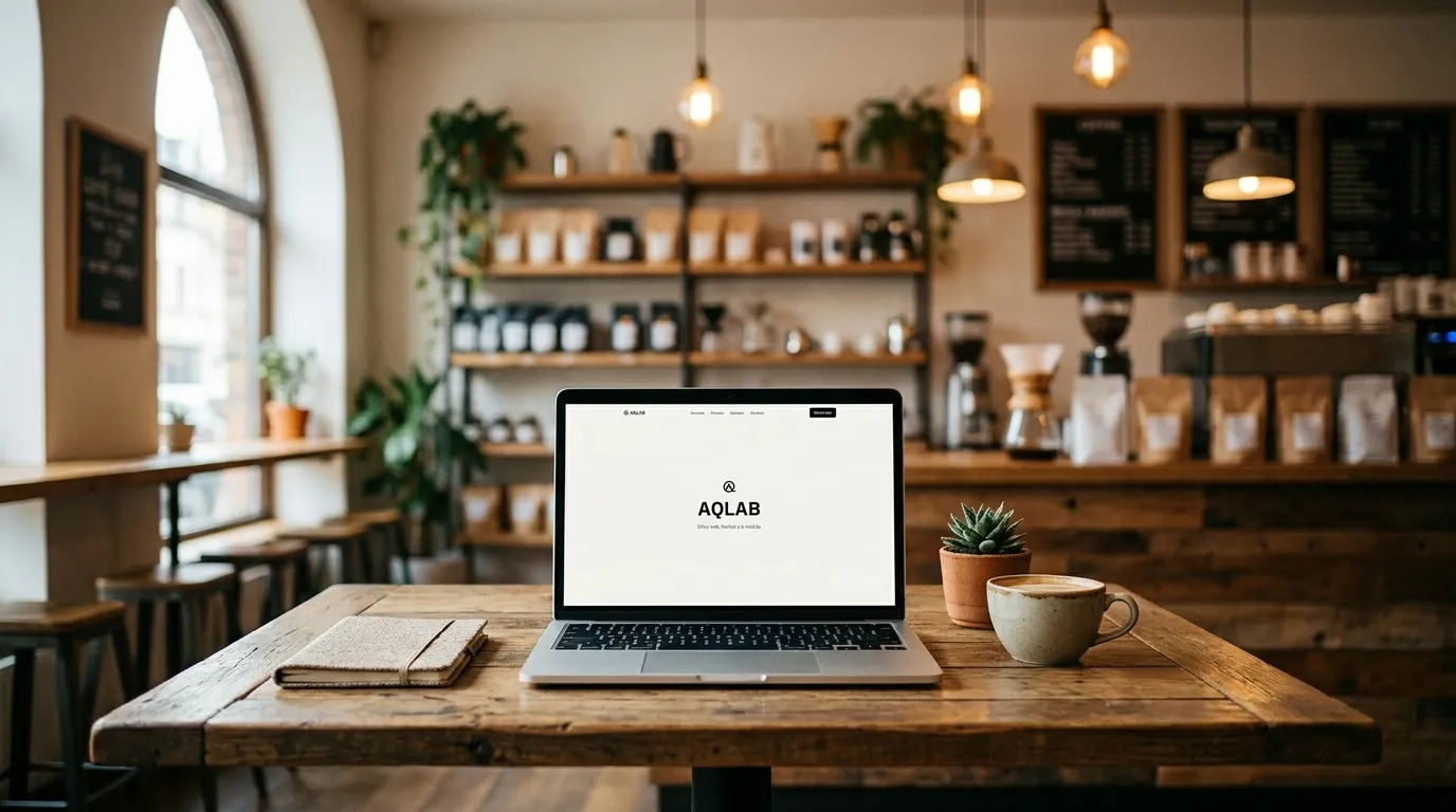 Interior de una cafetería con una laptop sobre la mesa